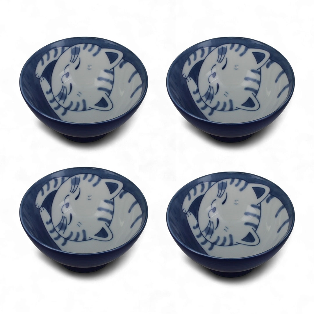 Set de 4 bols japonais en porcelaine décorés de chats tigrés kawaii