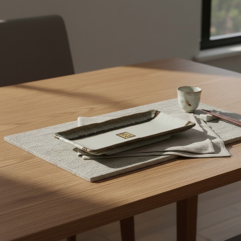 Plat à sushi japonais à bords bruns en céramique présenté avec des baguettes japonaises et une tasse à thé sur une table élégante