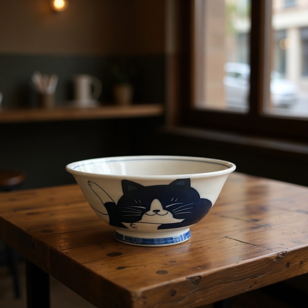 Set de 2 bols Ramen décorés de chats, présentés sur une table en bois dans une ambiance japonaise