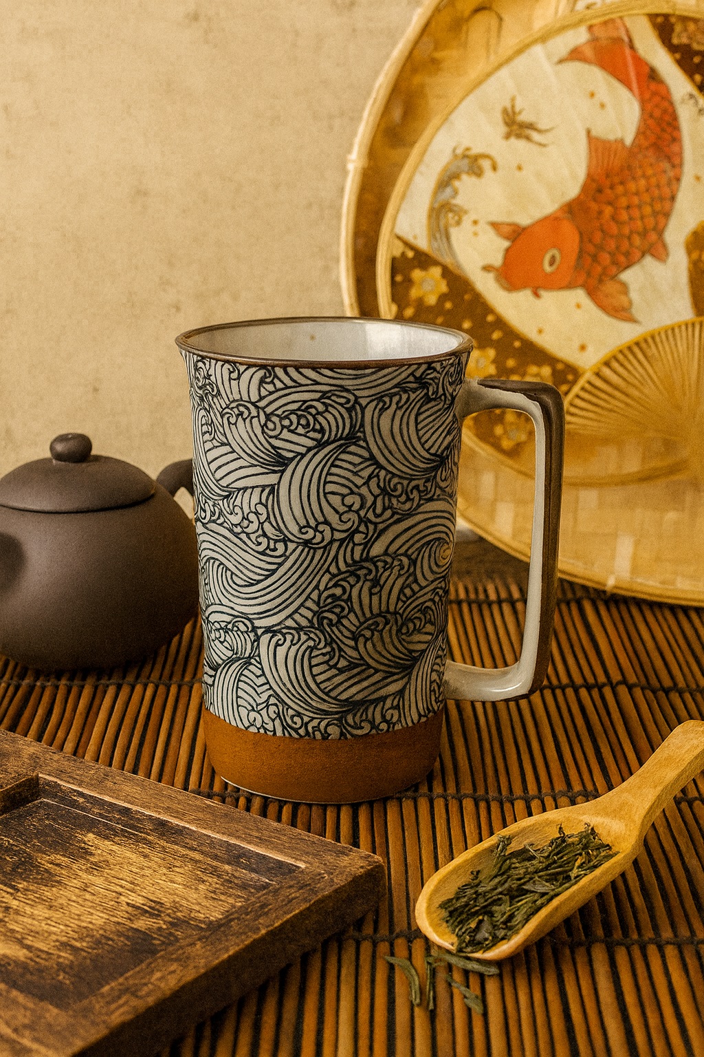 Grand mug japonais en céramique décoré de motifs vagues