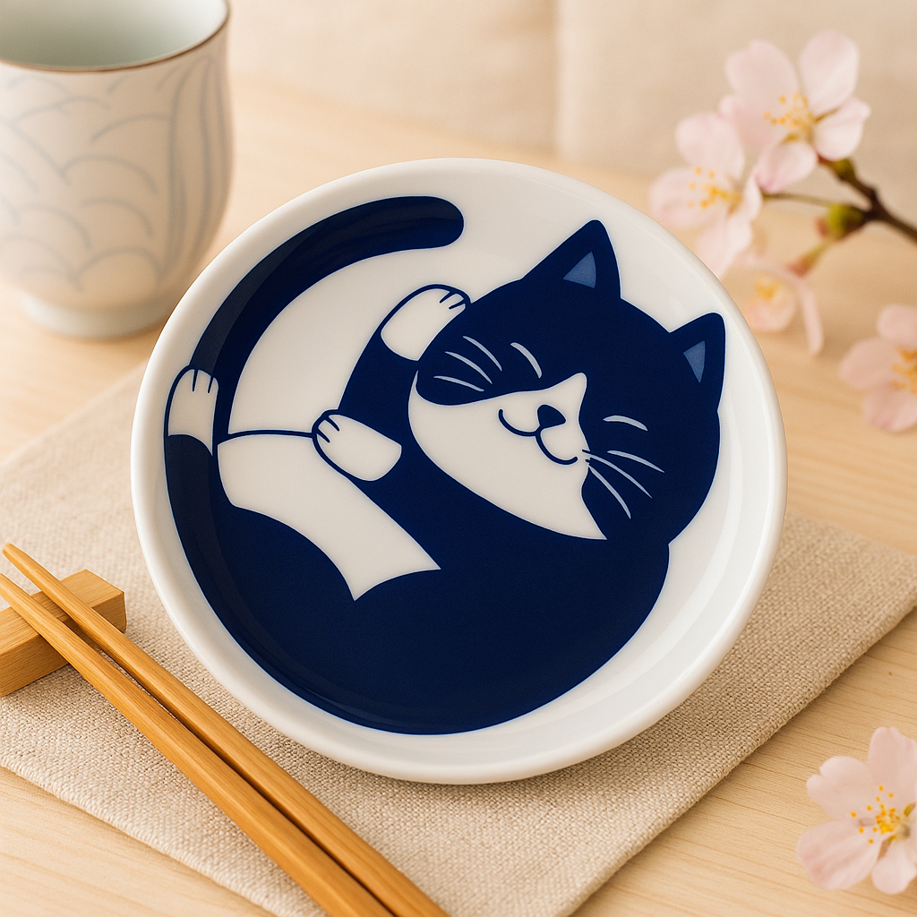 Set de deux assiettes japonaises en céramique décorées de motifs de chats
