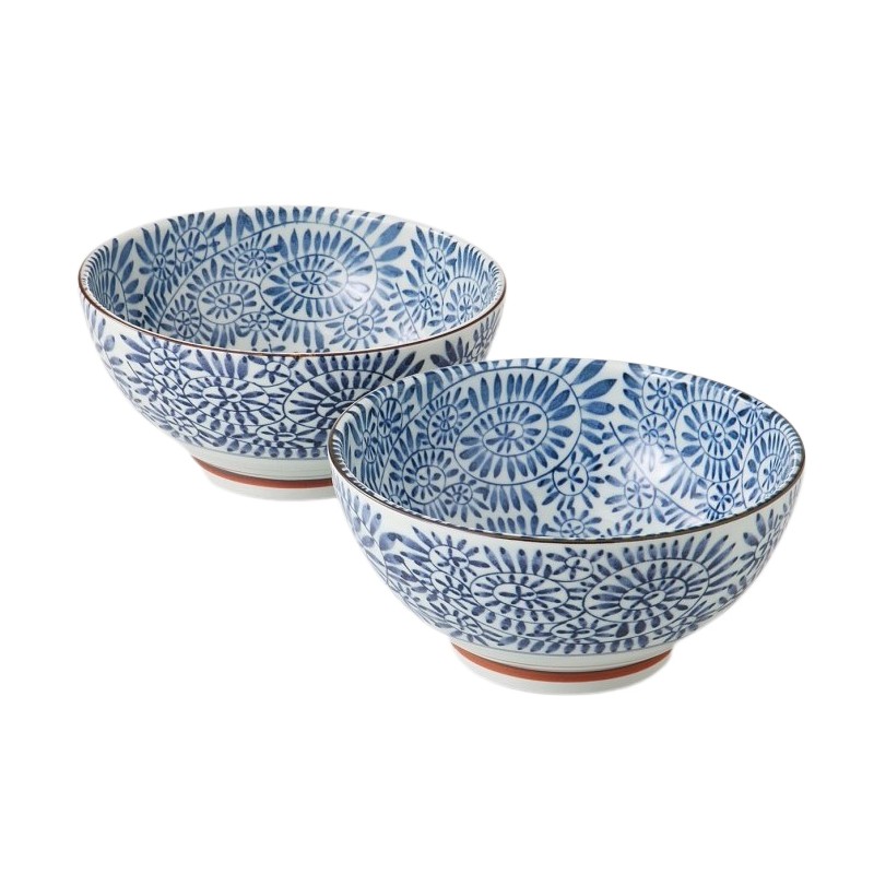 Set de 2 grands bols japonais en porcelaine, motifs Karakusa bleus traditionnels