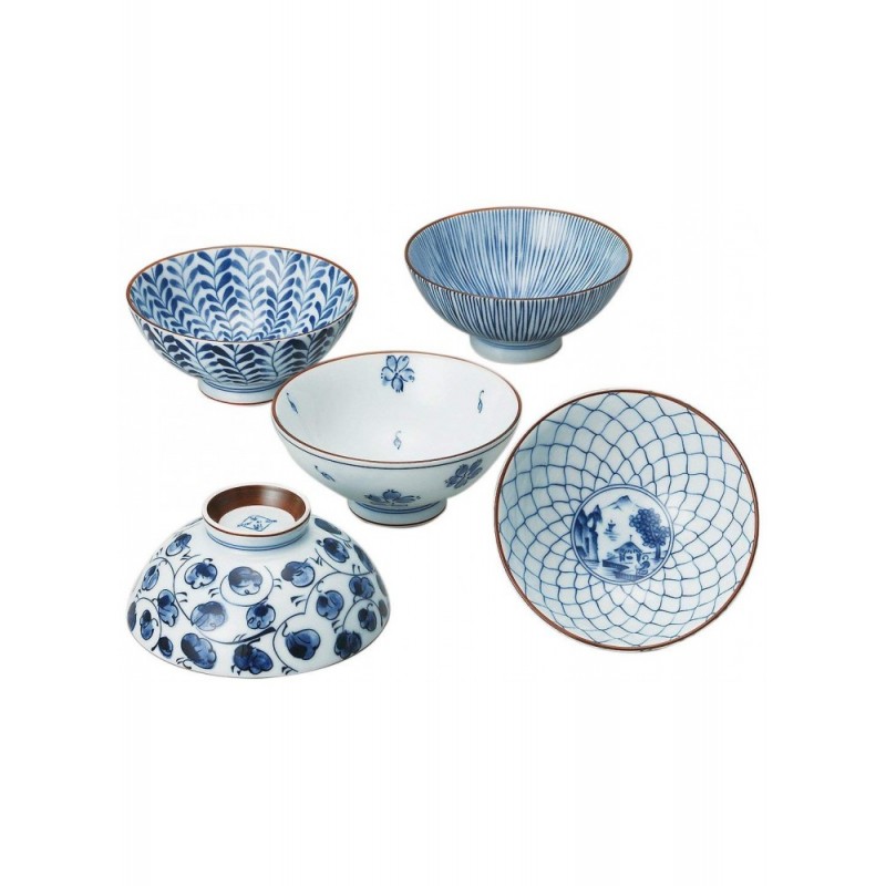 Set de 5 bols japonais bleus et blancs en céramique porcelaine, fabrication Saikaitoki