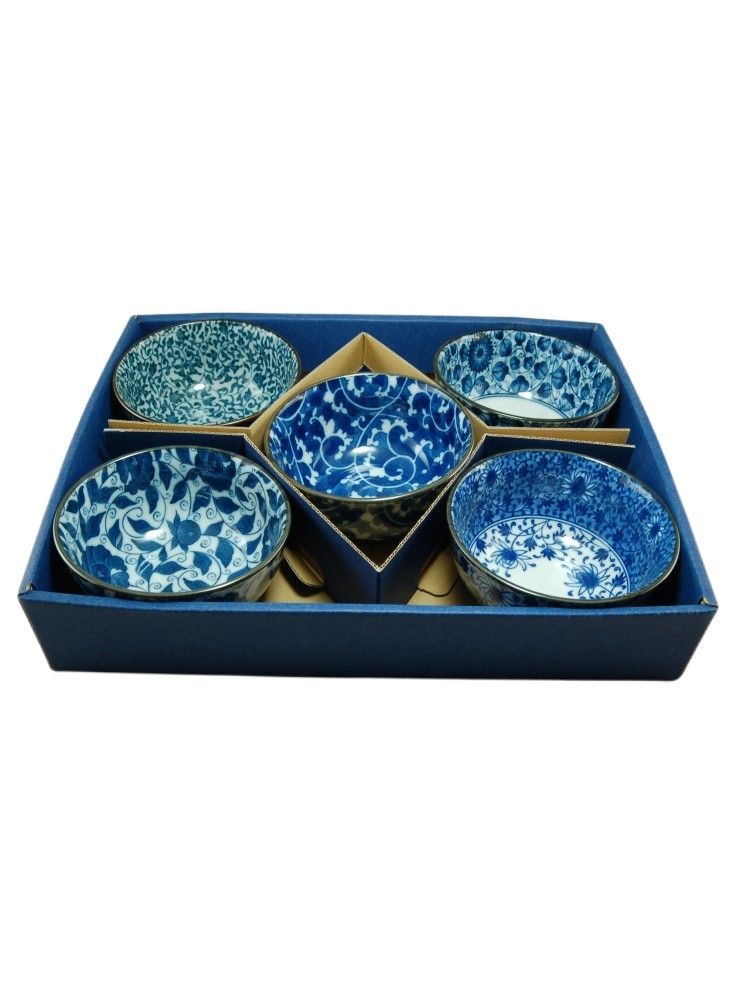 Set de 5 bols japonais bleus en céramique porcelaine, motifs traditionnels