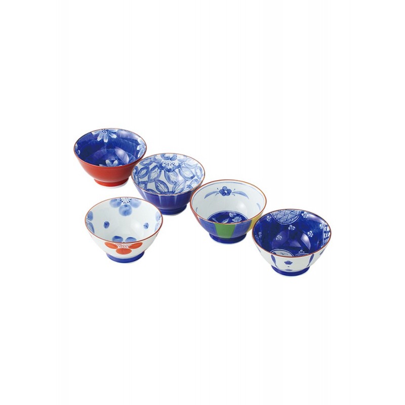 Set de 5 bols japonais en porcelaine, motifs Kotoroman, couleurs variées