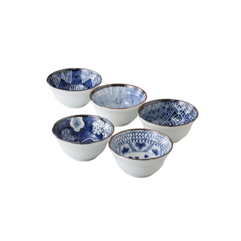 Set de 5 bols japonais en porcelaine Somekobo, motifs traditionnels bleus