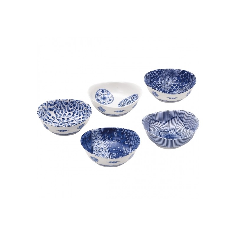 Set de 5 petits bols japonais en céramique décorés de motifs variés, chacun avec un design différent
