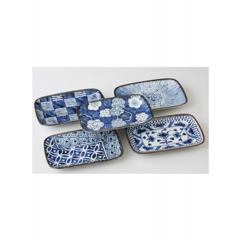Assiettes japonaises rectangulaires Somekobo en céramique décorées de motifs bleus
