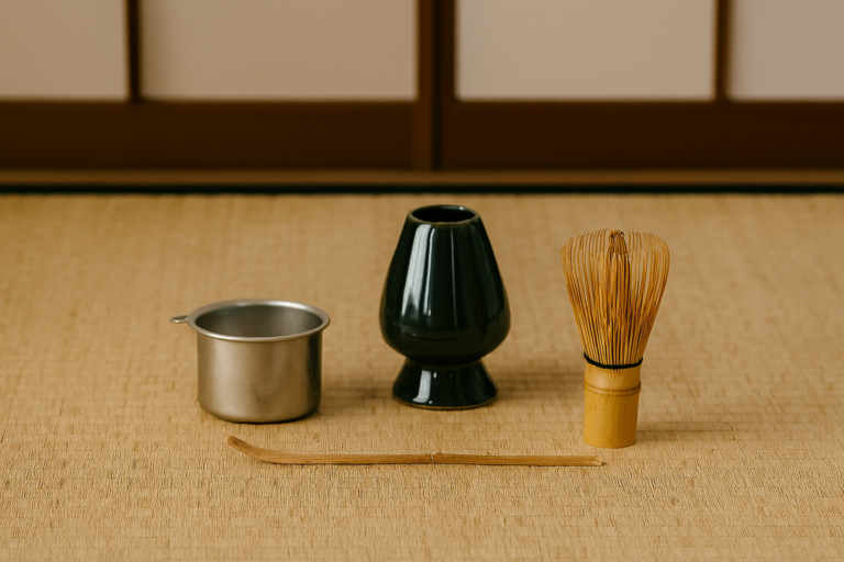 Accessoires traditionnels pour le thé matcha avec chasen, chashaku, tamis et porte‑chasen posés sur un tatami