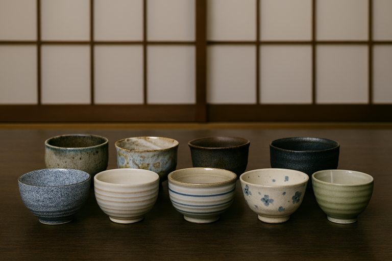 Collection de bols japonais chawan en céramique posés sur un tatami