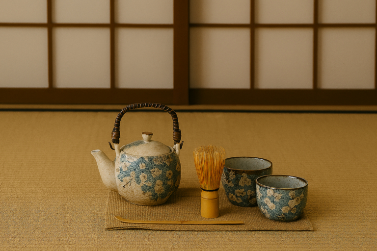 Set complet de cérémonie du thé japonais avec théière kyusu, bols assortis, chasen et chashaku sur tatami