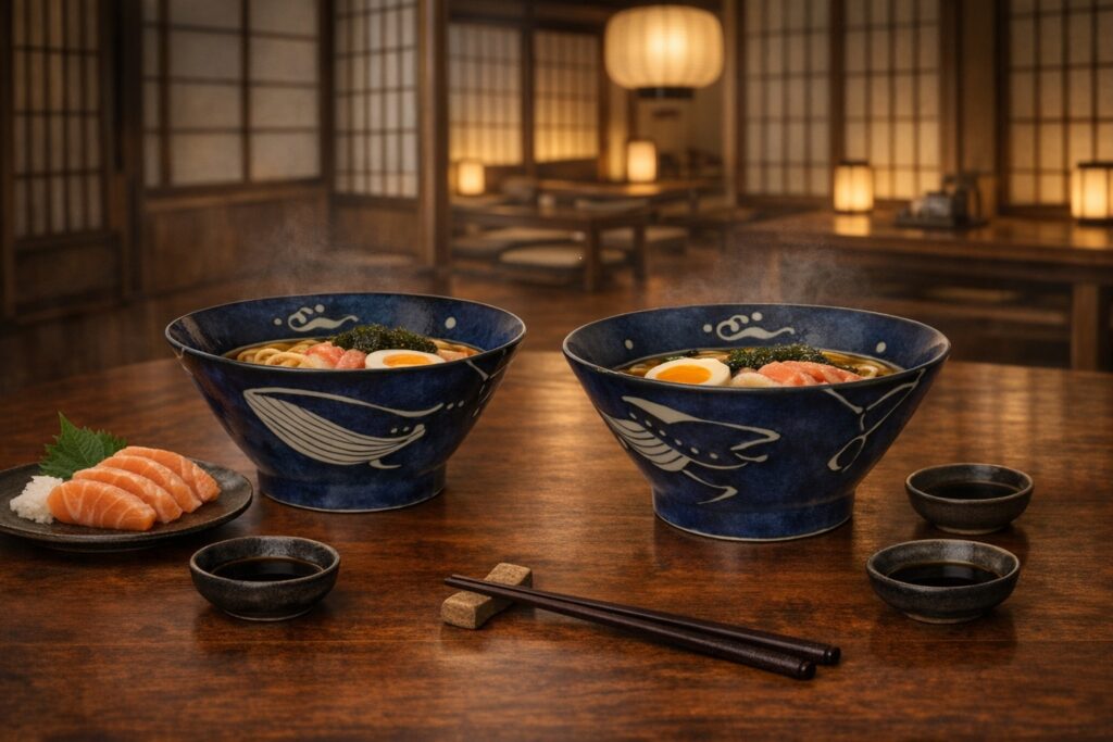 Bol à ramen japonais bleu profond décoré d’une baleine, rempli d’un ramen fumant dans un restaurant traditionnel japonais