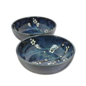 Set de 2 grands bols japonais bleus fleurs de cerisier