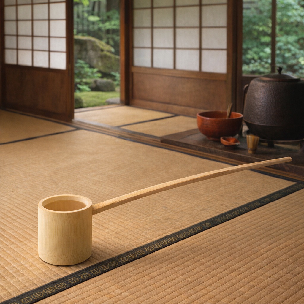 Louche à thé japonaise Hishaku en bambou, présentée dans une maison de thé traditionnelle pour la cérémonie du thé