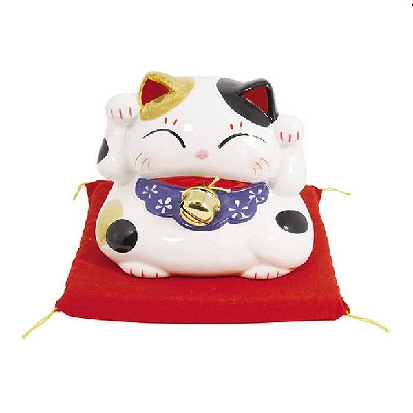 Maneki‑neko tirelire blanc en céramique, figurine japonaise porte‑bonheur avec fente pour pièces.