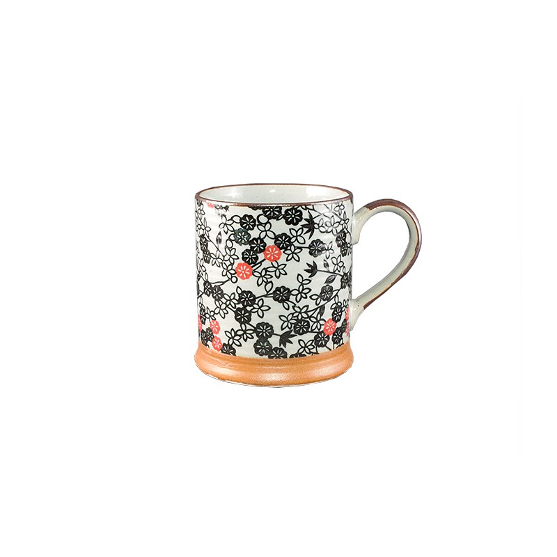 Mug japonais en céramique décoré de fleurs noir et rouge
