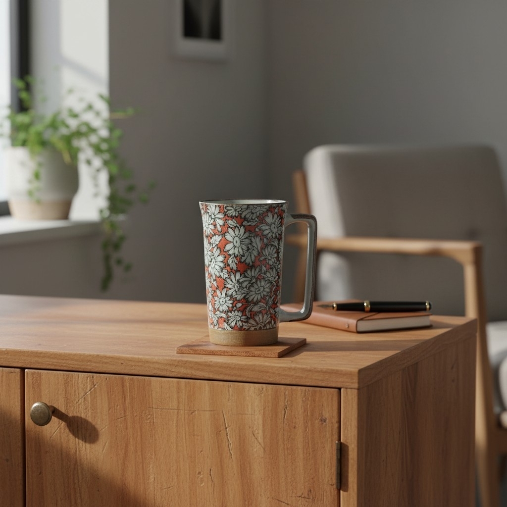 Mugs japonais décorés de grandes fleurs, présentés dans une jolie décoration design