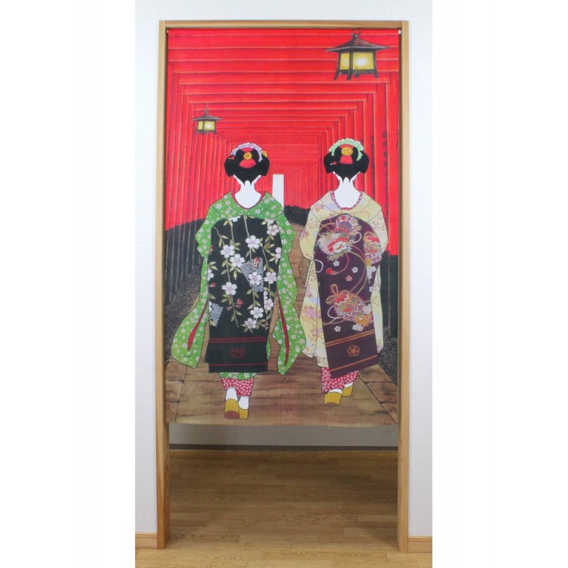 Noren japonais décoré du renard Inari et de torii, présenté seul en suspension
