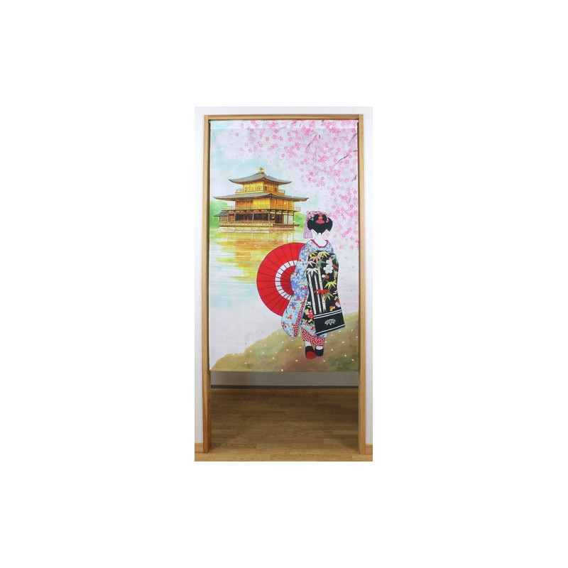 Noren japonais décoré d’un temple et d’une Japonaise en kimono, présenté seul en suspension