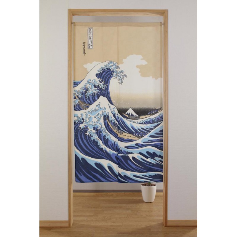 Noren japonais décoré de la Vague d’Hokusai, présenté seul en suspension