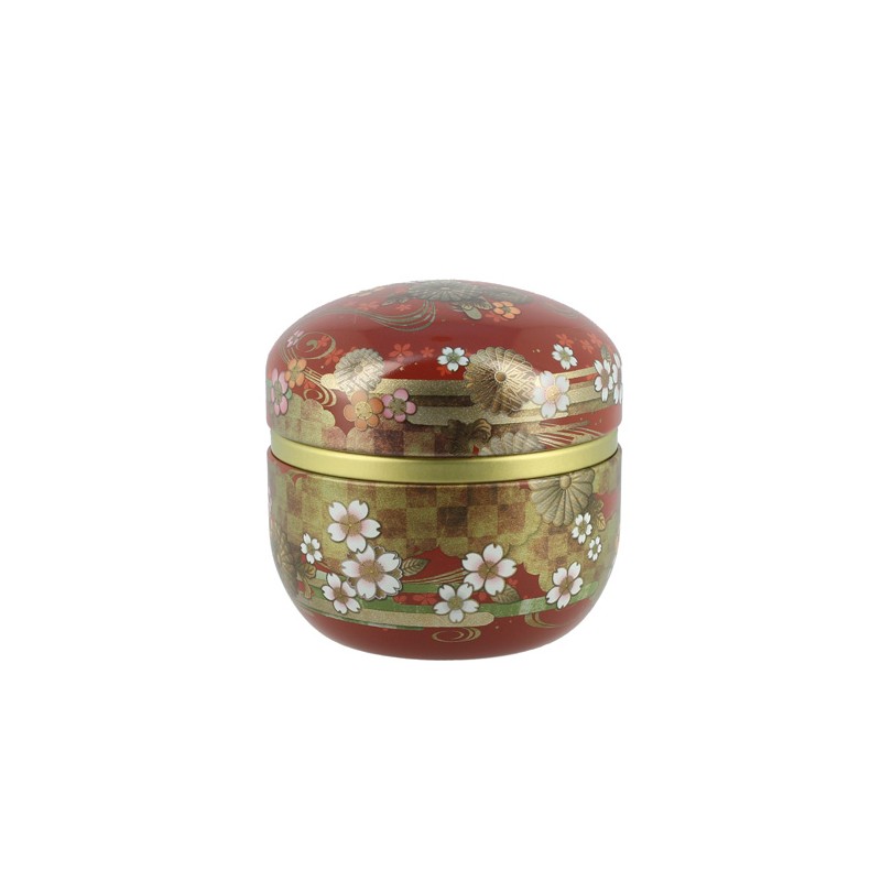 Petite boîte à thé japonaise en métal rouge verni, idéale pour conserver le thé en vrac