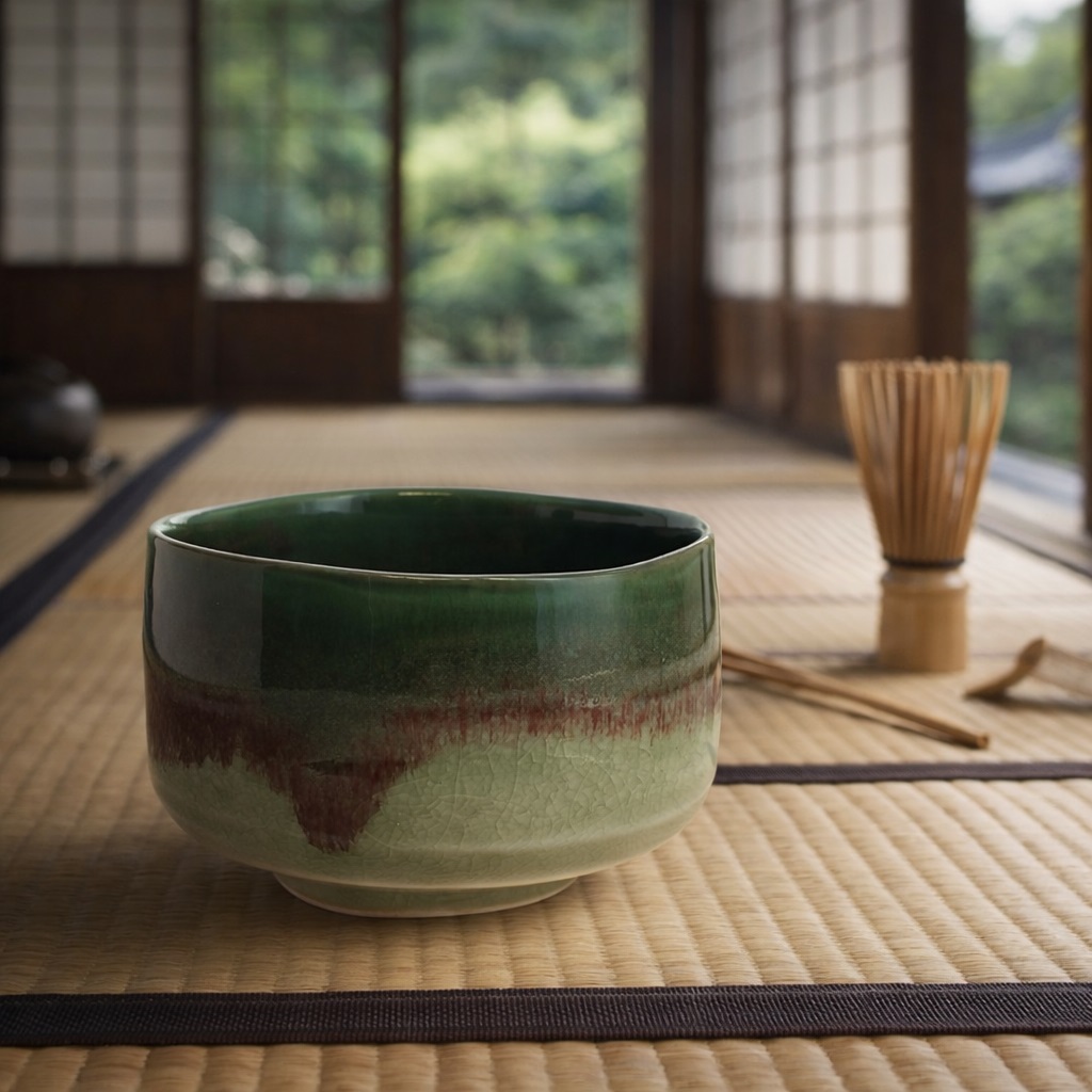 Bol à matcha japonais aux nuances de verts, présenté dans une ambiance de maison de thé traditionnelle