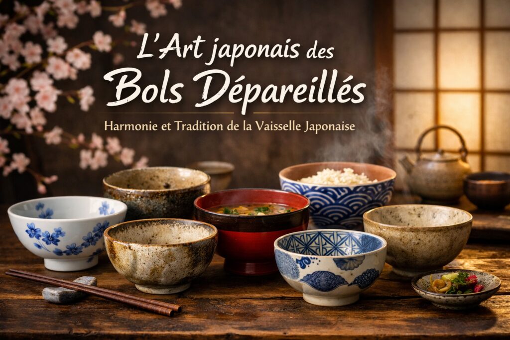 Bols japonais dépareillés en céramique, illustrant l’esthétique wabi‑sabi et la vaisselle japonaise traditionnelle