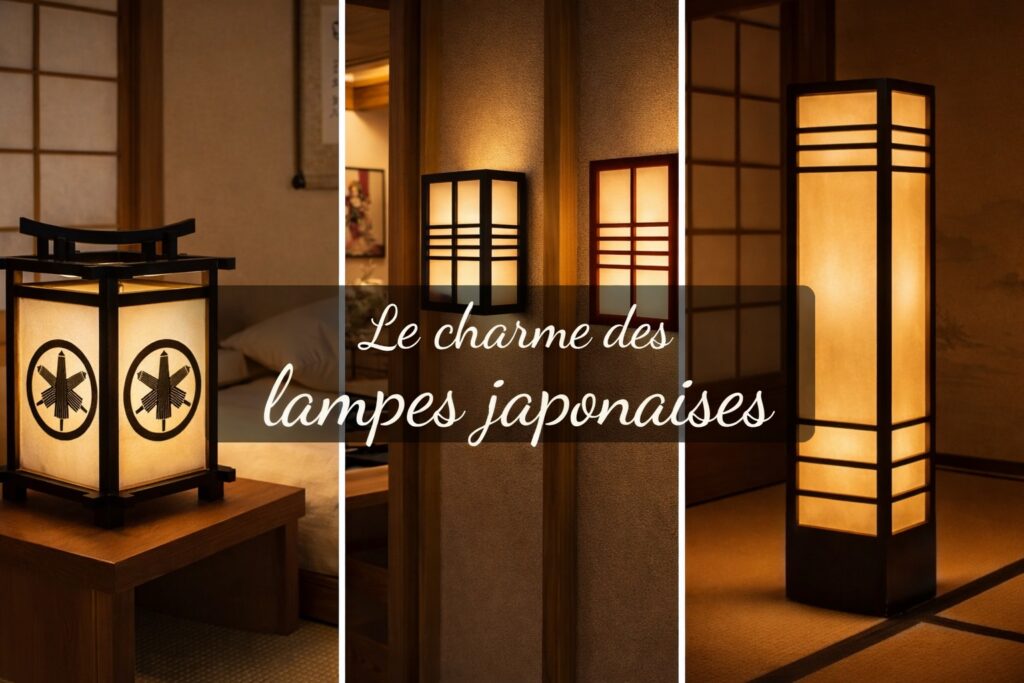 Lampes japonaises en bois et papier washi diffusant une lumière douce et zen, illustrant le charme des luminaires japonais