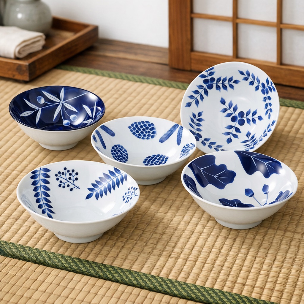 Coupelles japonaises blanches et bleues en céramique/porcelaine, présentées sur tatamis dans une ambiance de ryokan