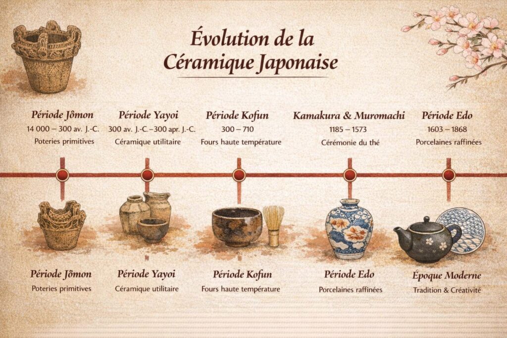 Céramiques japonaises traditionnelles présentées sur une table, illustrant l’histoire et le savoir‑faire ancestral du Japon
