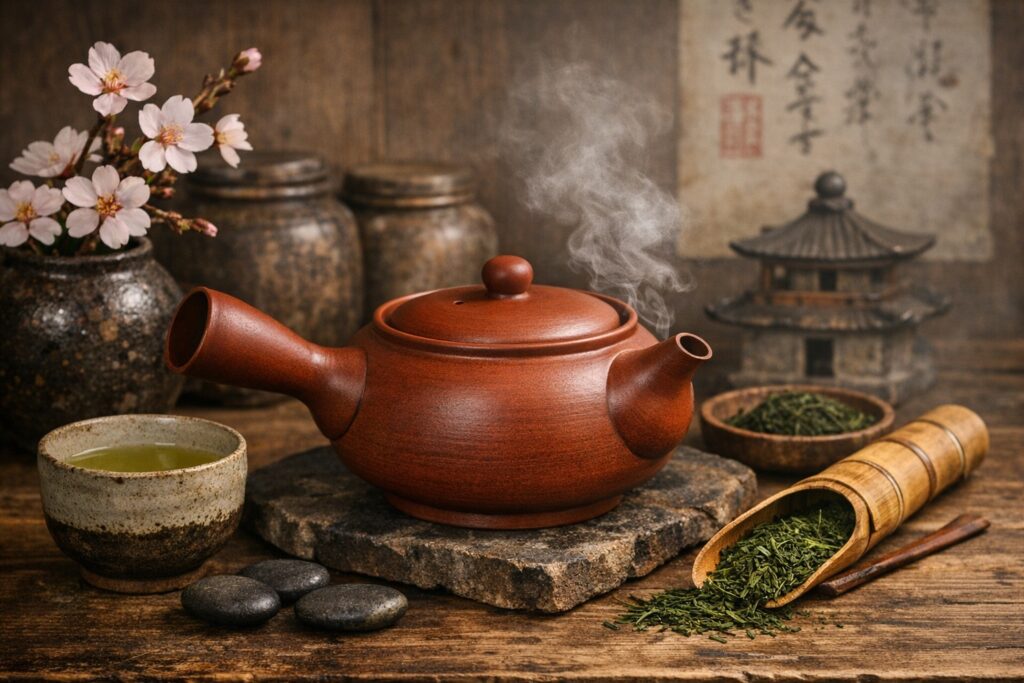 Théière Tokoname en argile rouge, artisanale, posée sur un plateau japonais, illustrant un article de blog sur les théières Tokoname