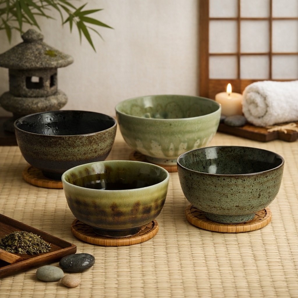 Set de 4 bols japonais en céramique vert et brun, présentés dans une ambiance japonaise
