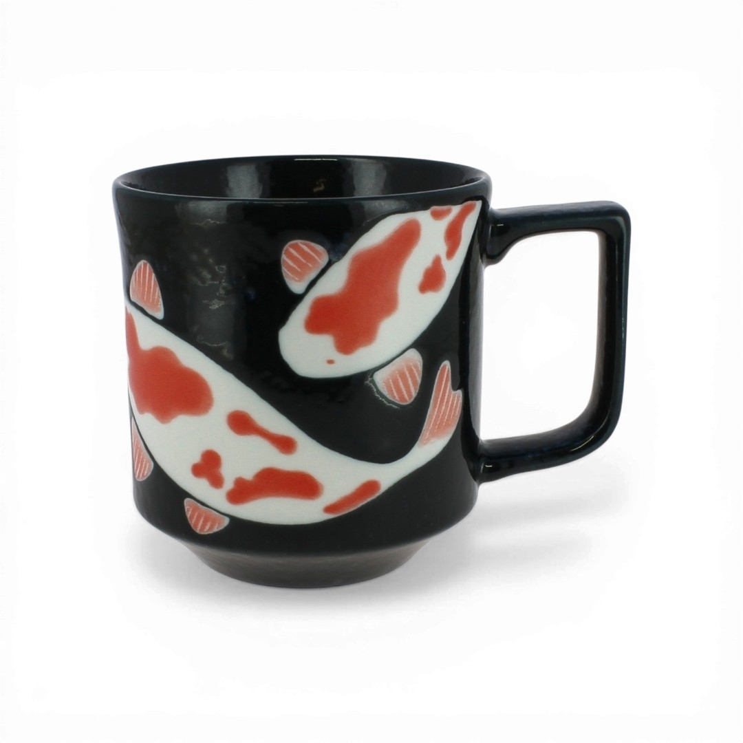 Tasse à thé japonaise en céramique décorée de carpes koi bleu et rouge