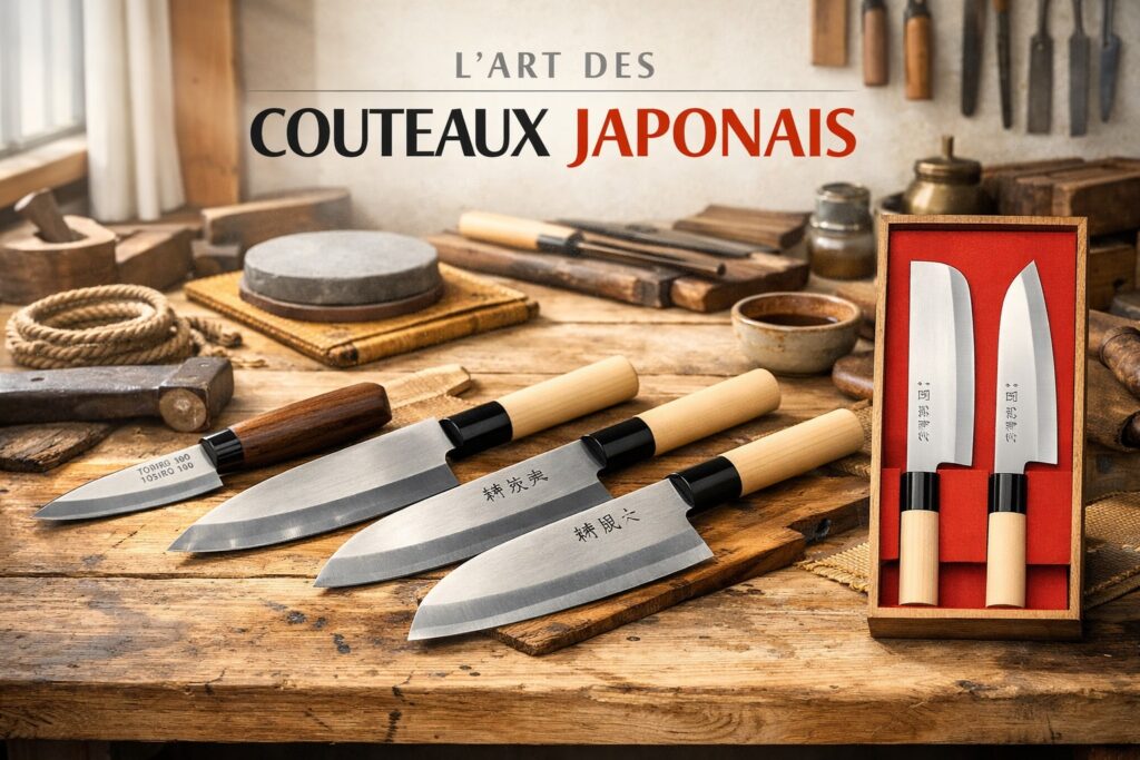Couteaux japonais traditionnels présentés sur une planche, illustrant leur histoire, leur qualité et leurs différents types