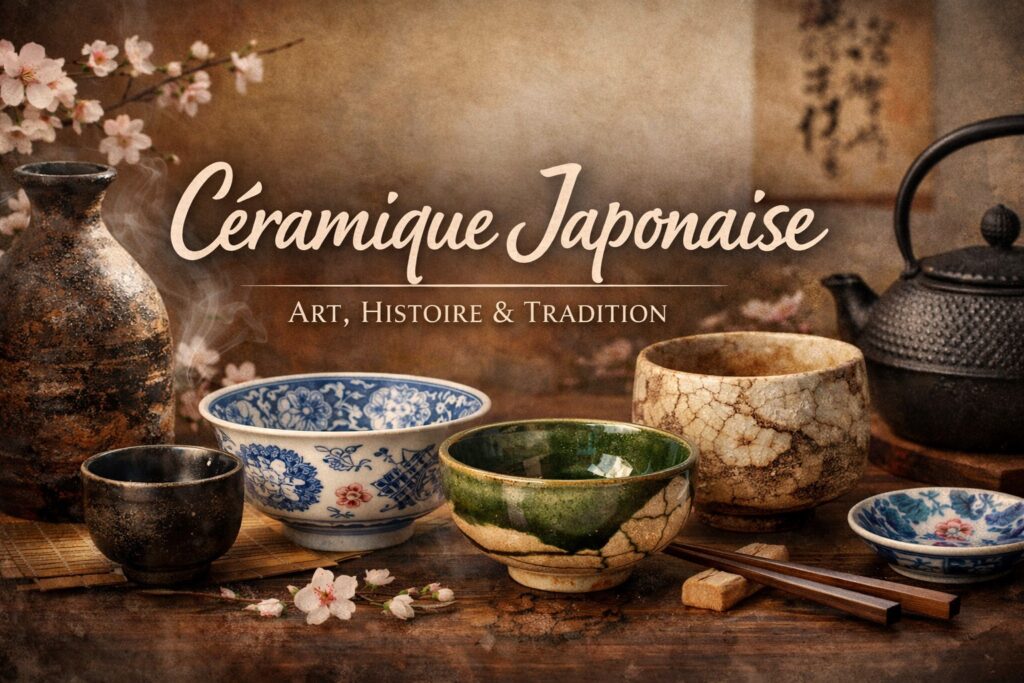 Céramiques japonaises traditionnelles présentées avec différentes textures et émaux, illustrant l’histoire et le savoir‑faire millénaire du Japon