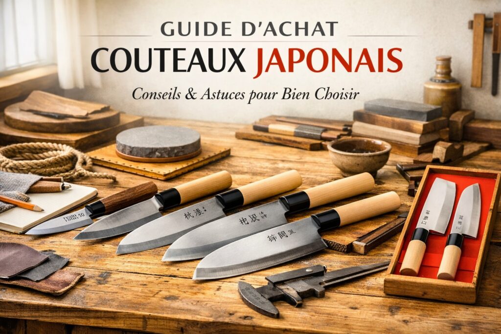 Couteaux japonais de différents types présentés sur une planche, illustrant un guide d’achat pour bien choisir son couteau