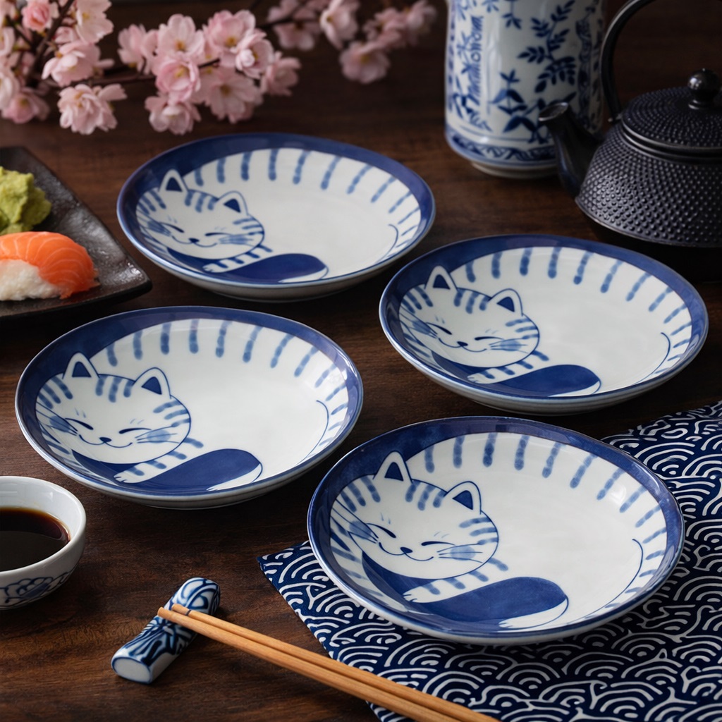 Set de 4 petites assiettes japonaises décorées de chats tigrés, présentées sur une table japonaise