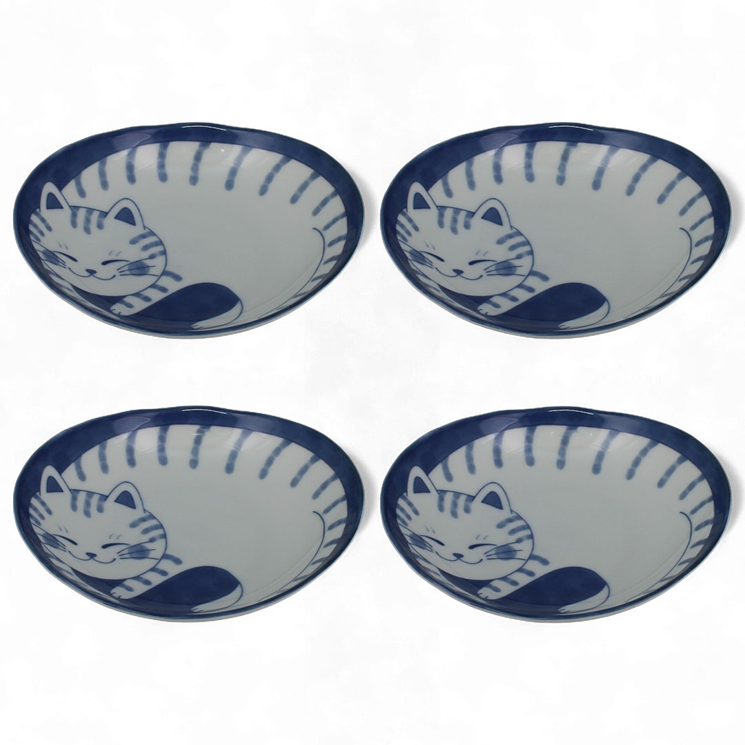 Set de 4 petites assiettes japonaises en porcelaine décorées de chats tigrés kawaii
