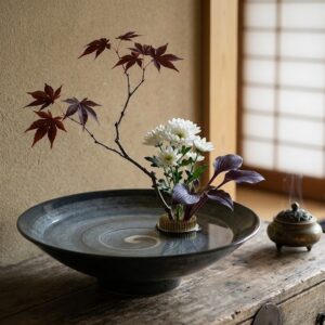 Vase Ikebana Noir Plat – Céramique Japonaise pour Compositions Florales Zen