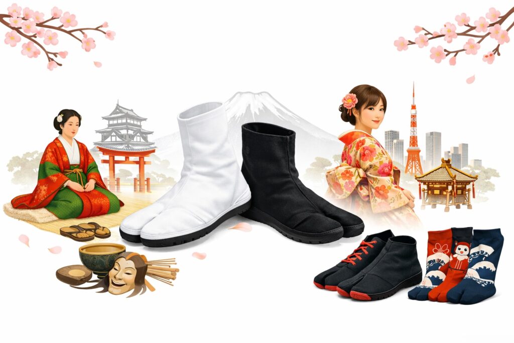 Bannière illustrant l’histoire des chaussettes Tabi au Japon, entre traditions anciennes et usages modernes