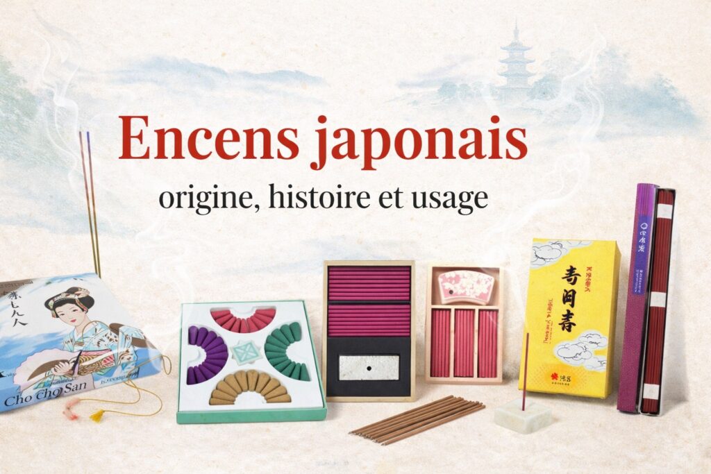Présentation d’encens japonais artisanaux : cônes Cho Cho San, bâtonnets Oedo-Koh, Seiun Violet, Scentsual Green Tea et encens au santal Nippon Kodo, disposés autour du titre “Encens japonais – origine, histoire et usage” sur fond de papier japonais et paysage de pagode.