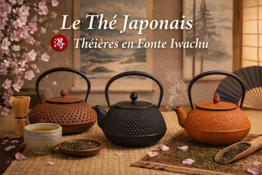 Bannière sur le thé japonais avec théières en fonte Iwachu, tatami, accessoires du thé et ambiance zen