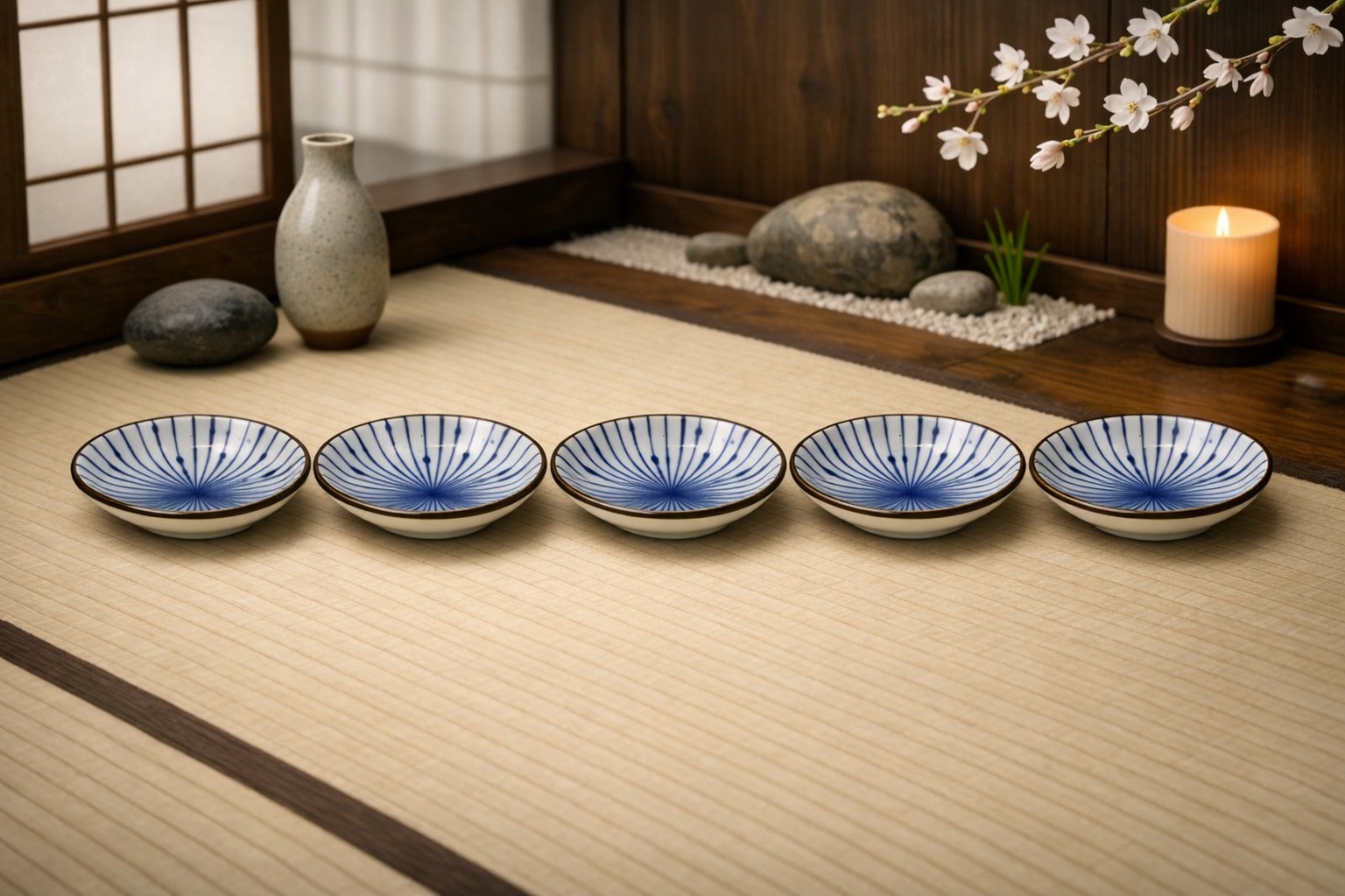 Coupelles japonaises Shima en porcelaine bleu et blanc, motifs de lignes, alignées dans une ambiance de ryokan japonais