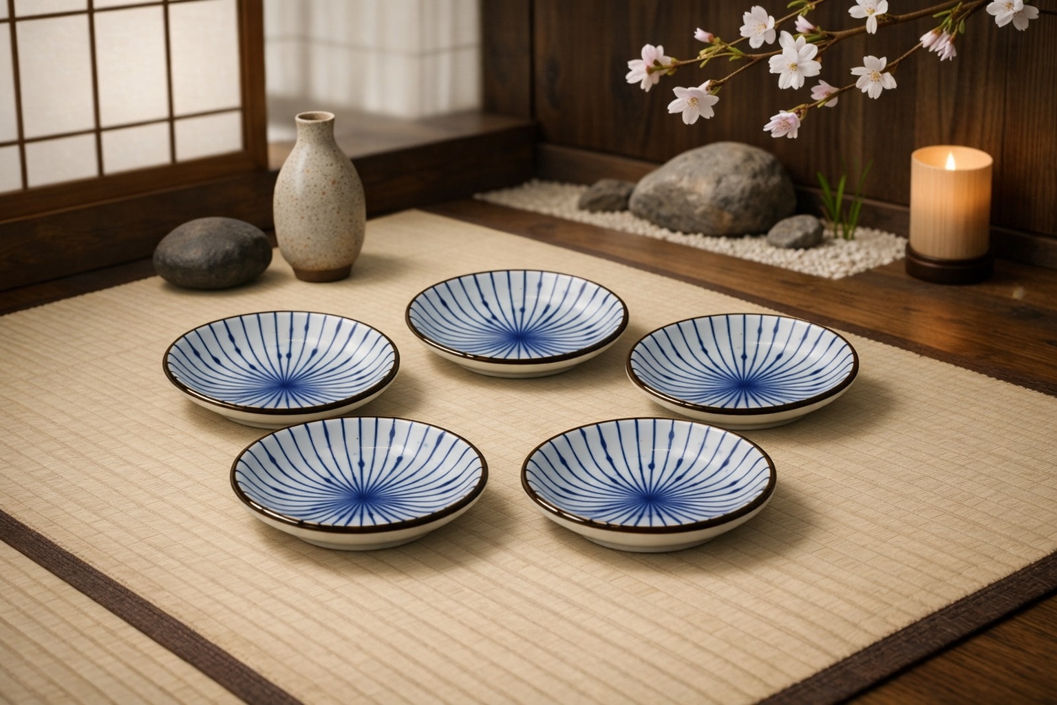 Coupelles japonaises Shima en porcelaine bleu et blanc, motifs de lignes, présentées sur un tatami dans une ambiance japonaise