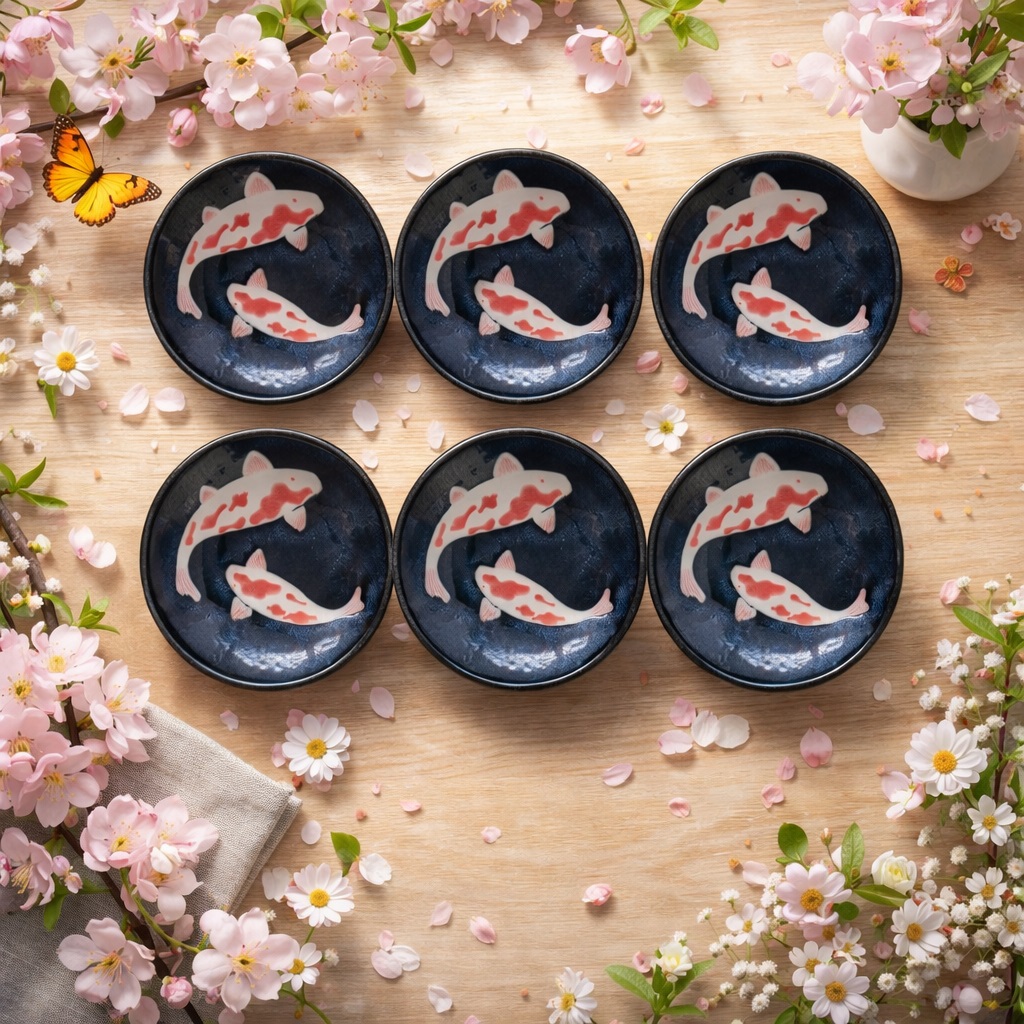 Coupelles japonaises en céramique présentées sur une table décorée de fleurs de sakura, avec baguettes japonaises