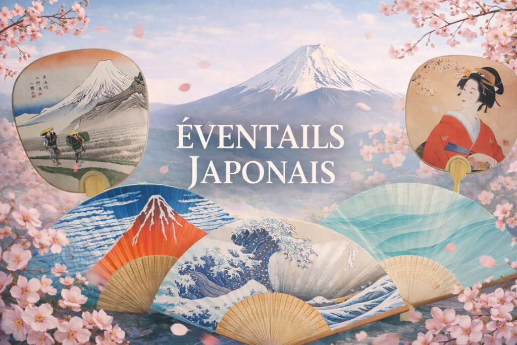 Éventails japonais Uchiwa et Sensu devant le Mont Fuji, entourés de fleurs de cerisier, symbolisant la fraîcheur et l’art de vivre japonais