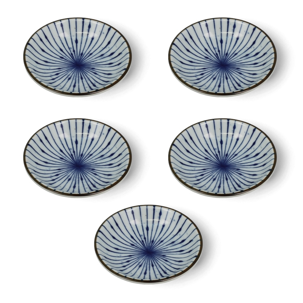 Set de 5 coupelles japonaises Shima en porcelaine bleu et blanc, motifs lignes