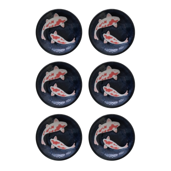 Set de 6 coupelles japonaises en céramique décorées de carpes Koi bleues sur fond foncé