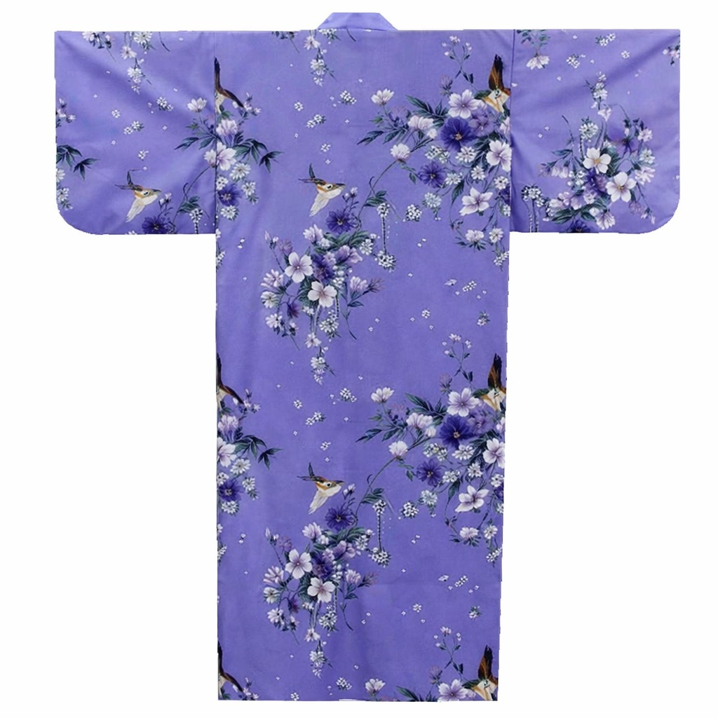 Yukata japonais en coton pour femme décoré de motifs de fleurs et d’oiseaux
