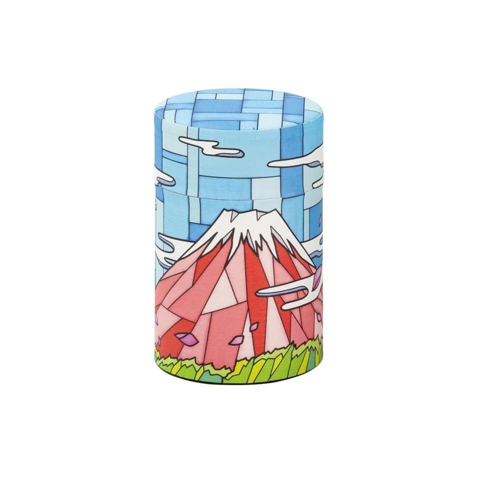 Boîte à thé japonaise en métal recouverte de papier washi décoré d’un motif Mont Fuji en pixel art